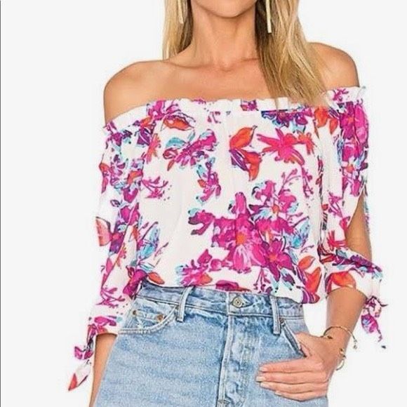 Devlin Womens White Pink Floral Cold Shoulder Off the Shoulder Blouse Medium - Picture 1 of 14